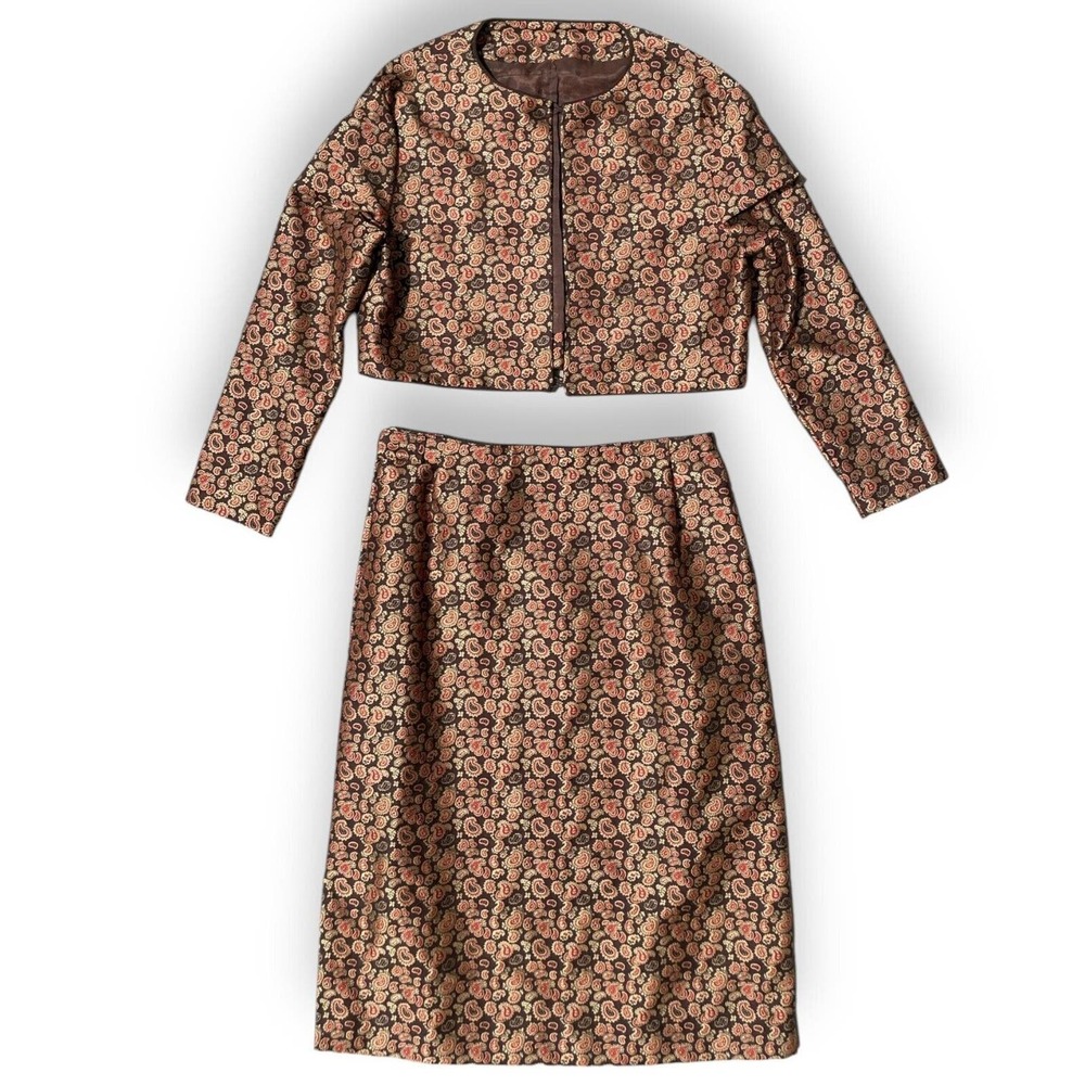 Vintage 60s Jacquard Brown Gold Red Paisley Midi Skirt Set with Jacket MCM